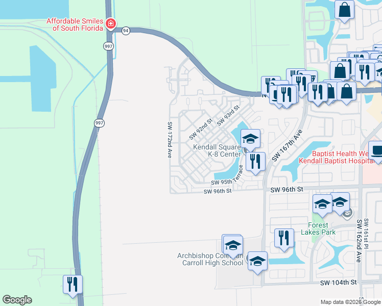 map of restaurants, bars, coffee shops, grocery stores, and more near 9207 Southwest 170th Passage in Miami