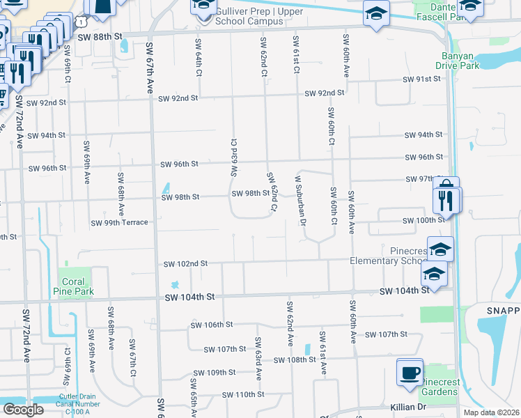 map of restaurants, bars, coffee shops, grocery stores, and more near 6280 Southwest 98th Street in Miami