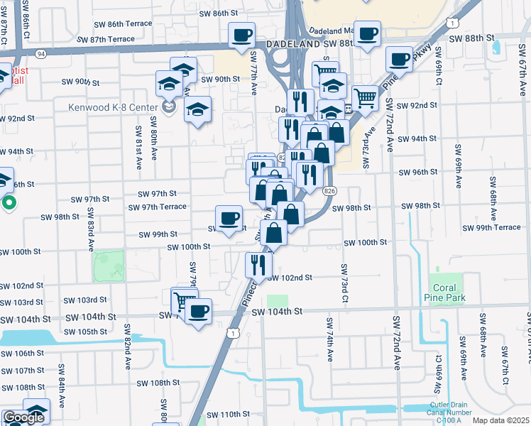 map of restaurants, bars, coffee shops, grocery stores, and more near 9624 Southwest 77th Avenue in Kendall