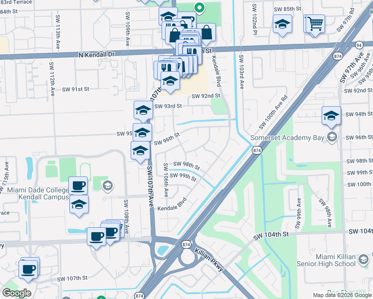map of restaurants, bars, coffee shops, grocery stores, and more near 10485 Southwest 96th Terrace in Miami