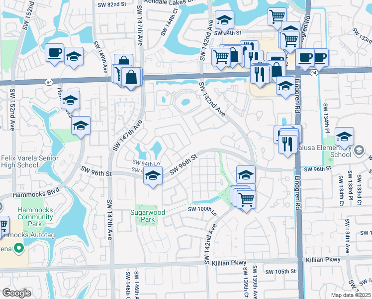 map of restaurants, bars, coffee shops, grocery stores, and more near 14387 Southwest 96th Street in Miami