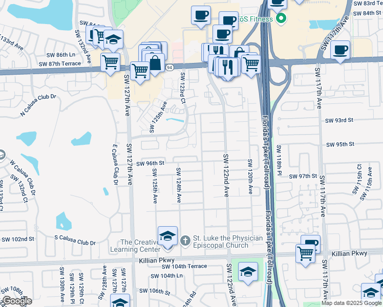 map of restaurants, bars, coffee shops, grocery stores, and more near 9448 Southwest 123rd Avenue Court in Miami