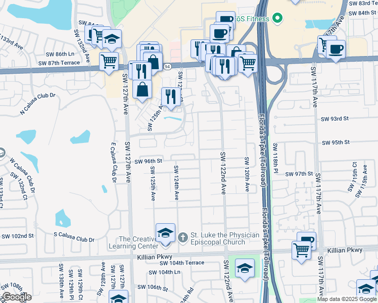 map of restaurants, bars, coffee shops, grocery stores, and more near 9448 Southwest 123rd Avenue Court in Miami