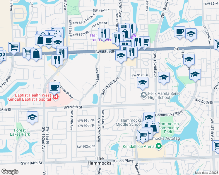map of restaurants, bars, coffee shops, grocery stores, and more near 15705 Southwest 92nd Terrace in Miami