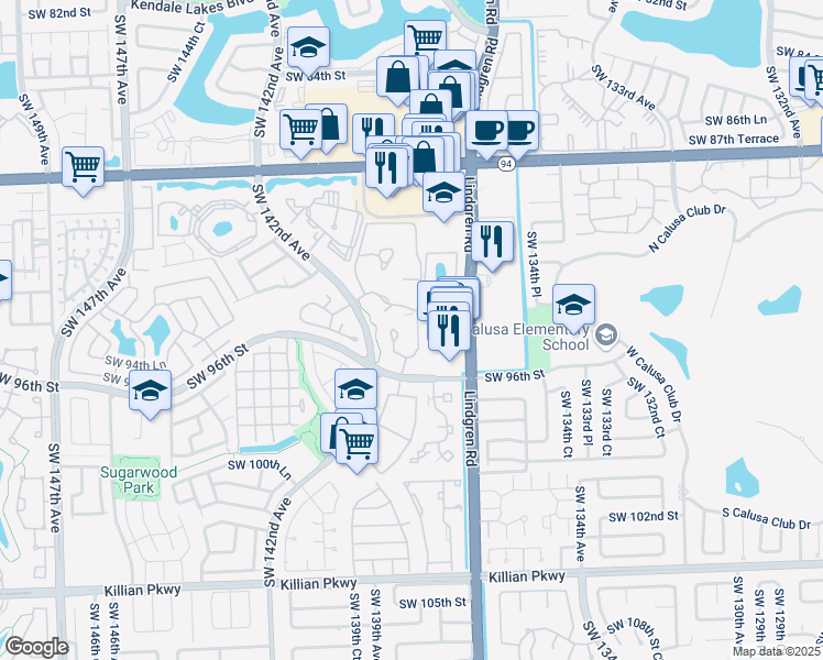 map of restaurants, bars, coffee shops, grocery stores, and more near 9 Southwest 138th Place in Miami