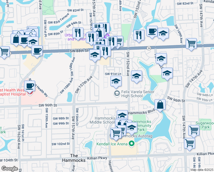 map of restaurants, bars, coffee shops, grocery stores, and more near 9280 Southwest 153rd Passage in Miami