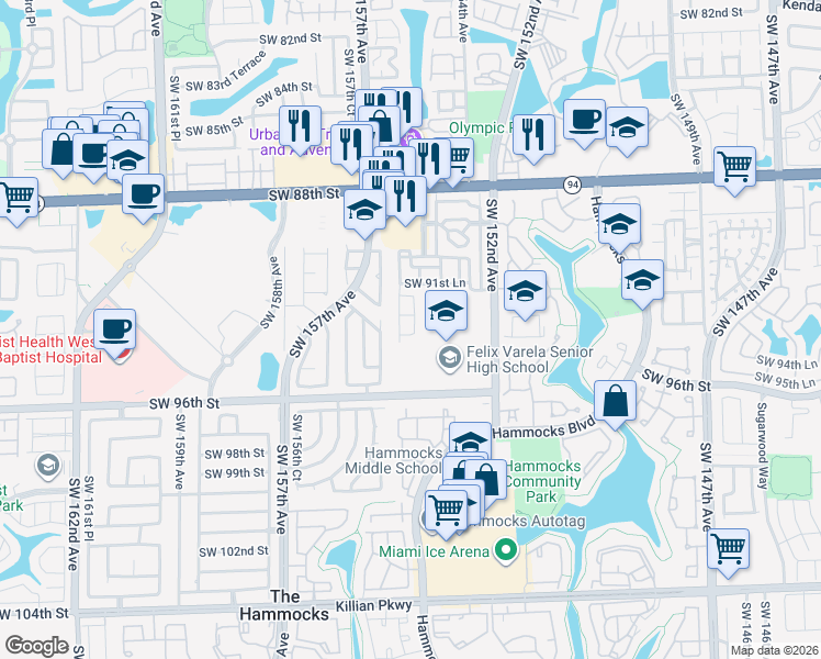 map of restaurants, bars, coffee shops, grocery stores, and more near 9280 Southwest 153rd Passage in Miami