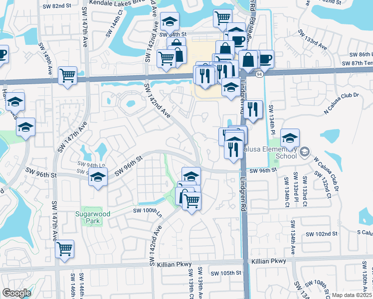 map of restaurants, bars, coffee shops, grocery stores, and more near 14289 Southwest 94th Circle Lane in Miami