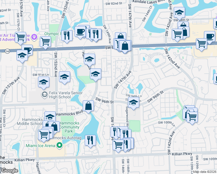 map of restaurants, bars, coffee shops, grocery stores, and more near 9272 Southwest 149th Avenue in Miami