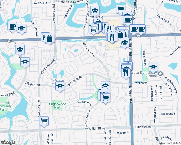 map of restaurants, bars, coffee shops, grocery stores, and more near 14305 Southwest 96th Street in Miami