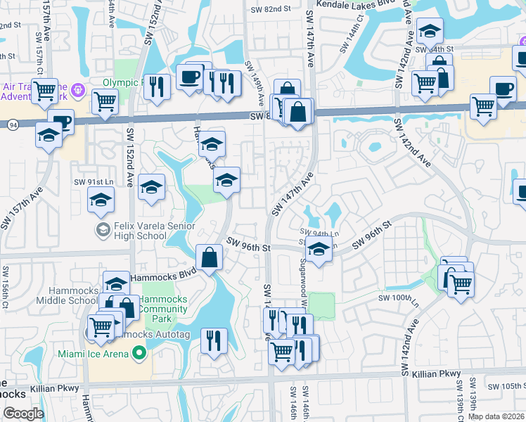 map of restaurants, bars, coffee shops, grocery stores, and more near 9272 Southwest 149th Avenue in Miami