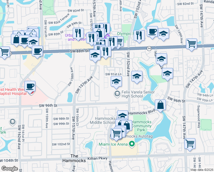 map of restaurants, bars, coffee shops, grocery stores, and more near 9280 Southwest 153rd Passage in Miami