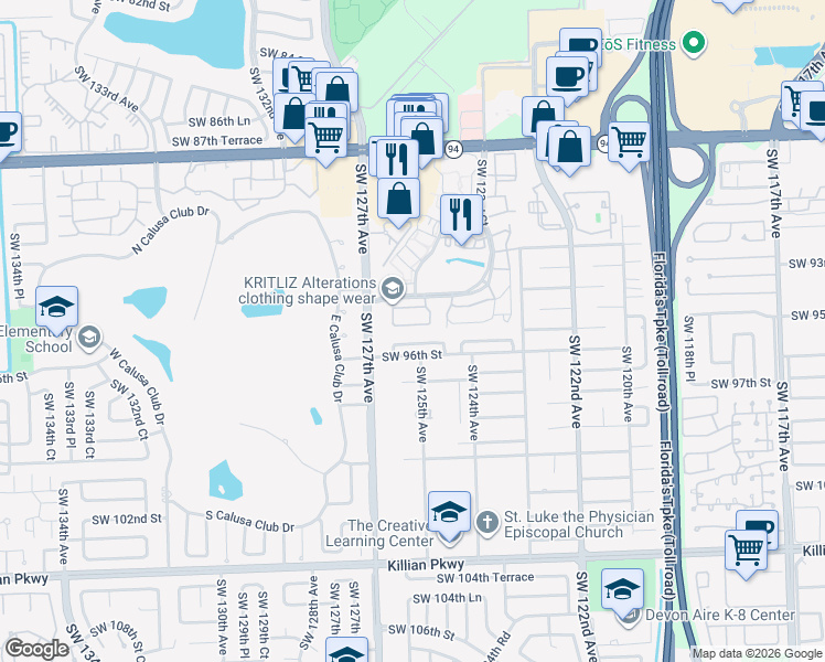 map of restaurants, bars, coffee shops, grocery stores, and more near 12518 Southwest 94th Lane in Miami