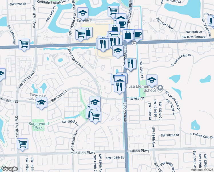 map of restaurants, bars, coffee shops, grocery stores, and more near 9409 Southwest 140th Court in Miami