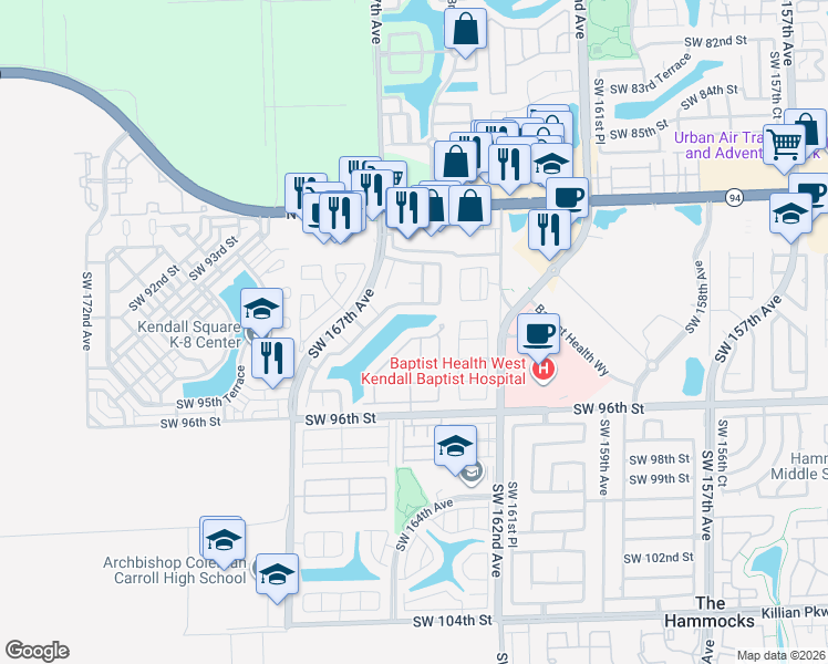 map of restaurants, bars, coffee shops, grocery stores, and more near 16372 Southwest 93rd Street in Miami