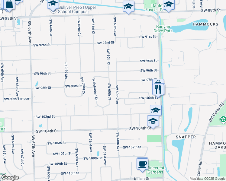 map of restaurants, bars, coffee shops, grocery stores, and more near 9780 Southwest 60th Court in Miami