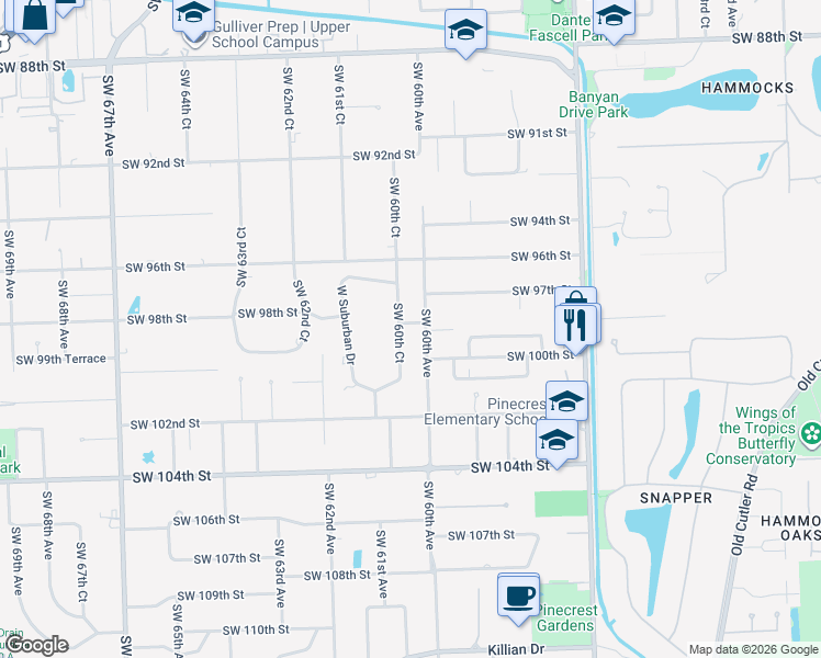 map of restaurants, bars, coffee shops, grocery stores, and more near 9780 Southwest 60th Court in Miami