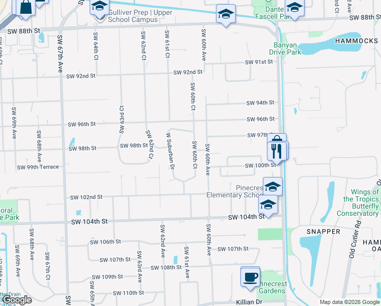 map of restaurants, bars, coffee shops, grocery stores, and more near 9780 Southwest 60th Court in Miami