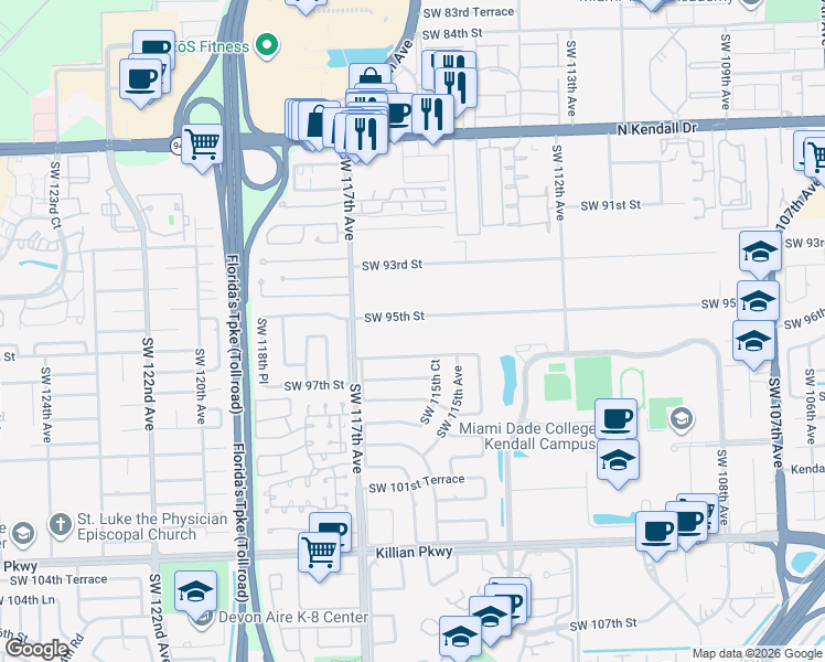 map of restaurants, bars, coffee shops, grocery stores, and more near 11460 Southwest 95th Street in Miami