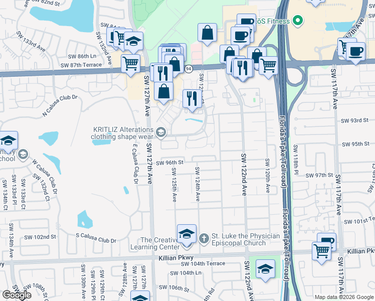 map of restaurants, bars, coffee shops, grocery stores, and more near 12391 Southwest 94th Lane in Miami