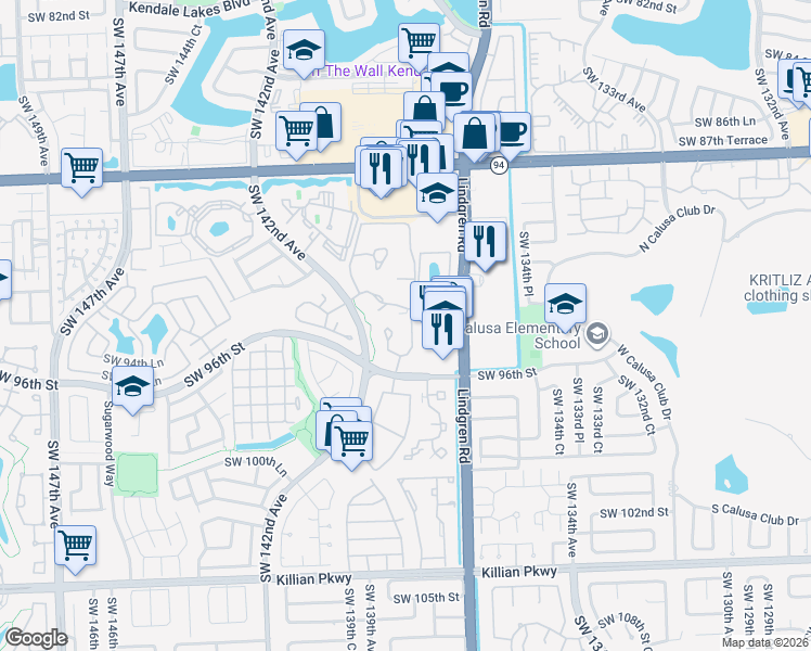map of restaurants, bars, coffee shops, grocery stores, and more near 9409 Southwest 140th Court in Miami