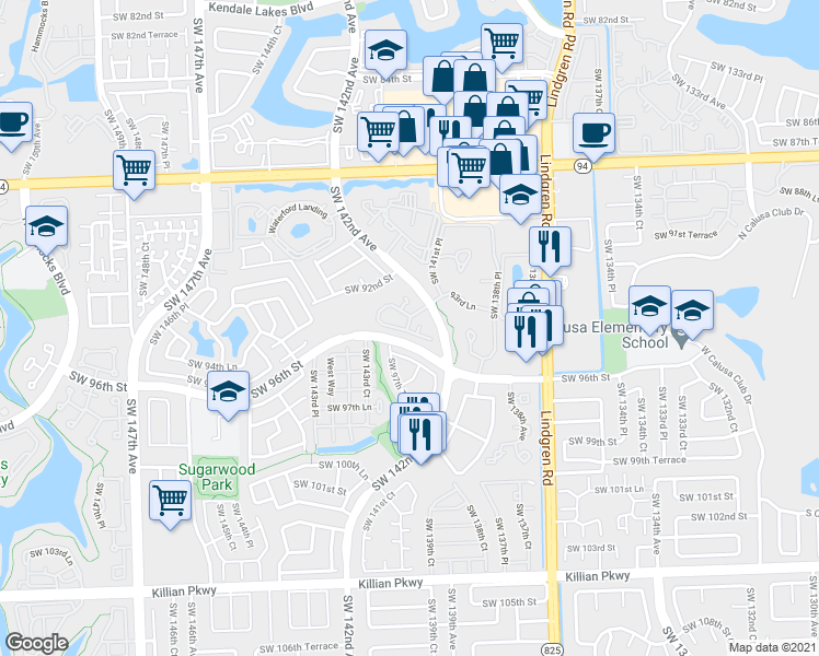 map of restaurants, bars, coffee shops, grocery stores, and more near 14210 Southwest 94th Circle Lane in Miami