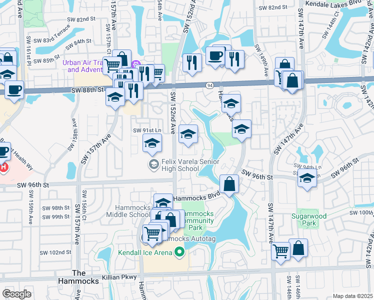 map of restaurants, bars, coffee shops, grocery stores, and more near 15158 Southwest 92nd Terrace in Miami