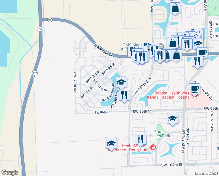 map of restaurants, bars, coffee shops, grocery stores, and more near 17025 Southwest 94th Terrace in Miami