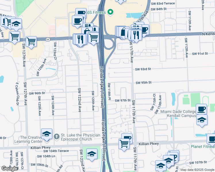 map of restaurants, bars, coffee shops, grocery stores, and more near 9509 Southwest 118th Place in Miami