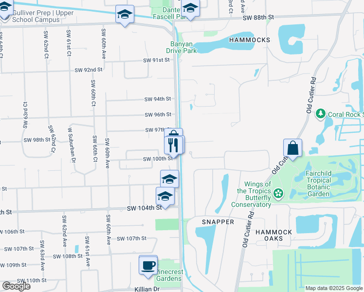 map of restaurants, bars, coffee shops, grocery stores, and more near 10015 Banyan Drive in Coral Gables