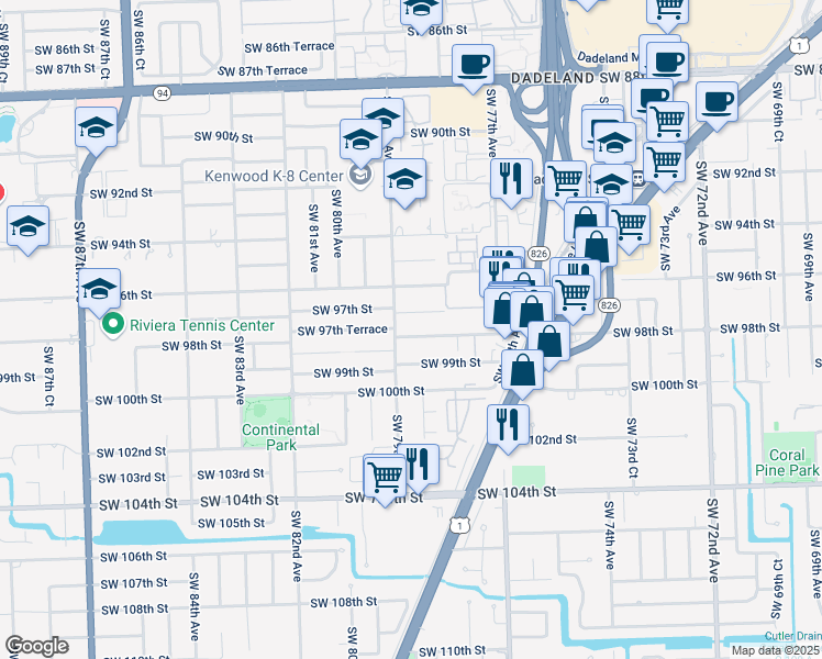 map of restaurants, bars, coffee shops, grocery stores, and more near 7840 Southwest 97th Street in Miami