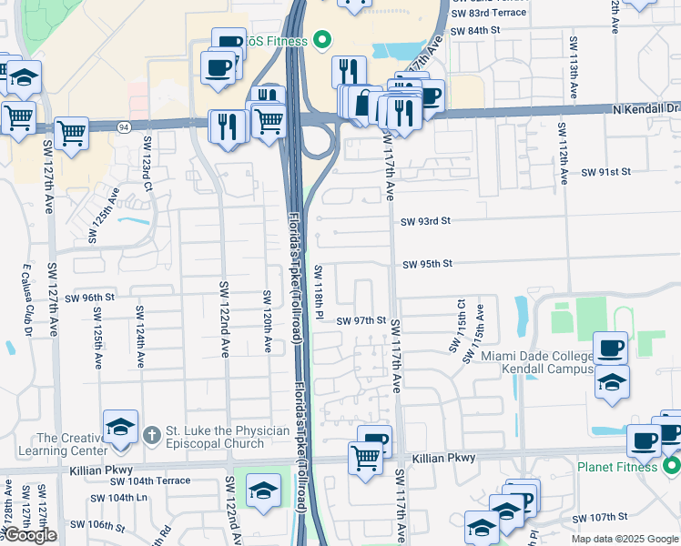 map of restaurants, bars, coffee shops, grocery stores, and more near 11812 Southwest 95th Street in Miami