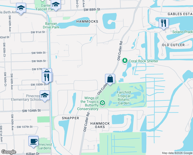 map of restaurants, bars, coffee shops, grocery stores, and more near 5225 Fairchild Way in Coral Gables