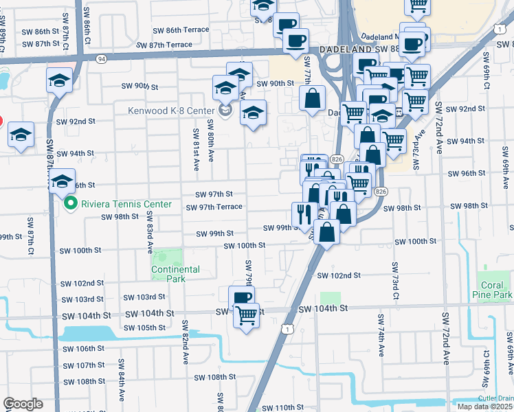map of restaurants, bars, coffee shops, grocery stores, and more near 7840 Southwest 97th Street in Miami