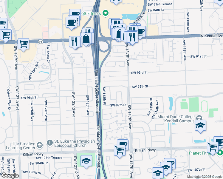map of restaurants, bars, coffee shops, grocery stores, and more near 11812 Southwest 95th Street in Miami
