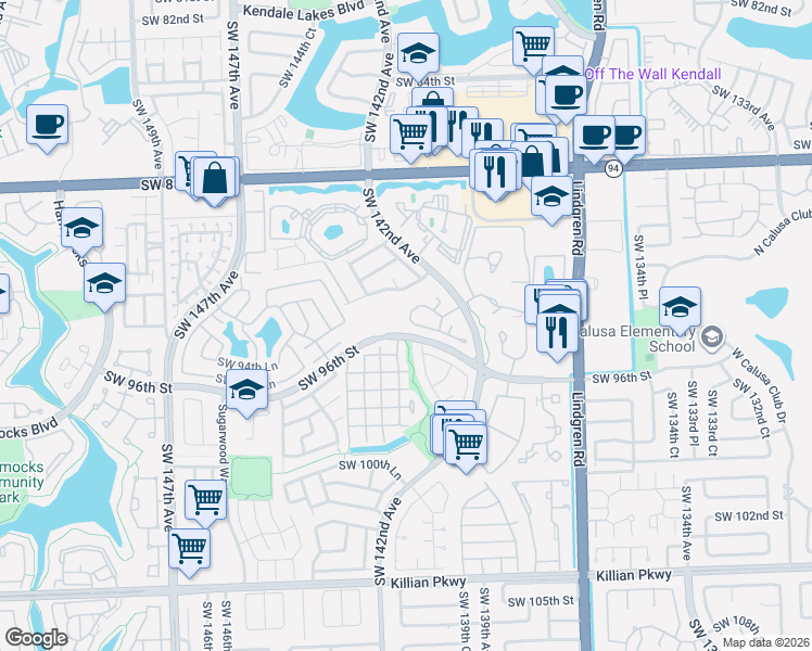 map of restaurants, bars, coffee shops, grocery stores, and more near 14305 Southwest 96th Street in Miami