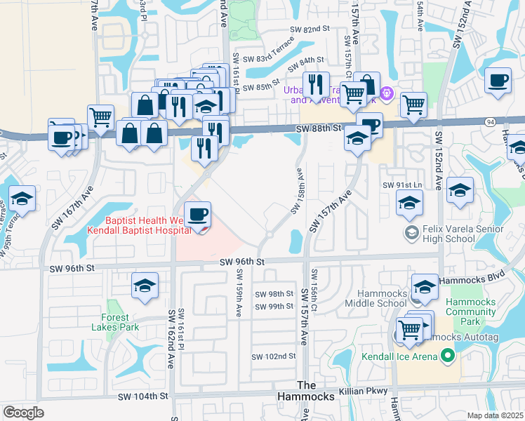 map of restaurants, bars, coffee shops, grocery stores, and more near 9355 Southwest 158th Avenue in Miami