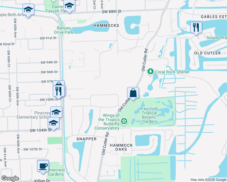 map of restaurants, bars, coffee shops, grocery stores, and more near 5225 Fairchild Way in Coral Gables