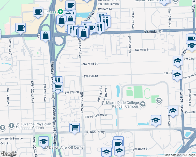 map of restaurants, bars, coffee shops, grocery stores, and more near 11460 Southwest 95th Street in Miami