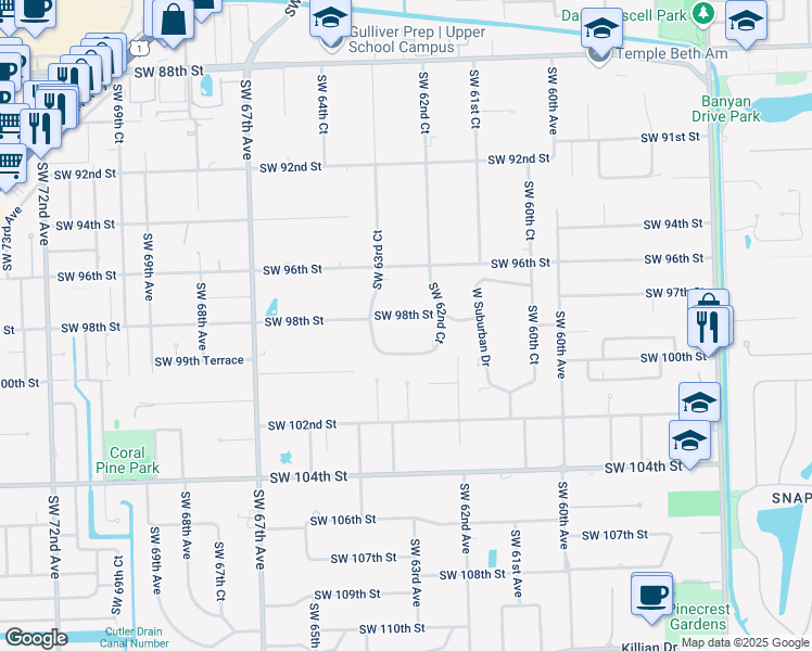 map of restaurants, bars, coffee shops, grocery stores, and more near 6280 Southwest 98th Street in Miami