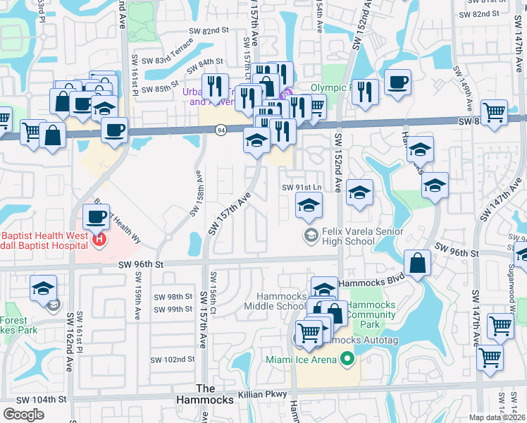 map of restaurants, bars, coffee shops, grocery stores, and more near 9280 Southwest 153rd Passage in Miami