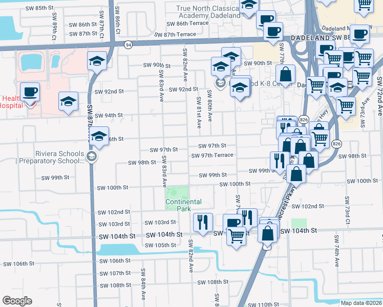 map of restaurants, bars, coffee shops, grocery stores, and more near 8100 Southwest 97th Street in Miami