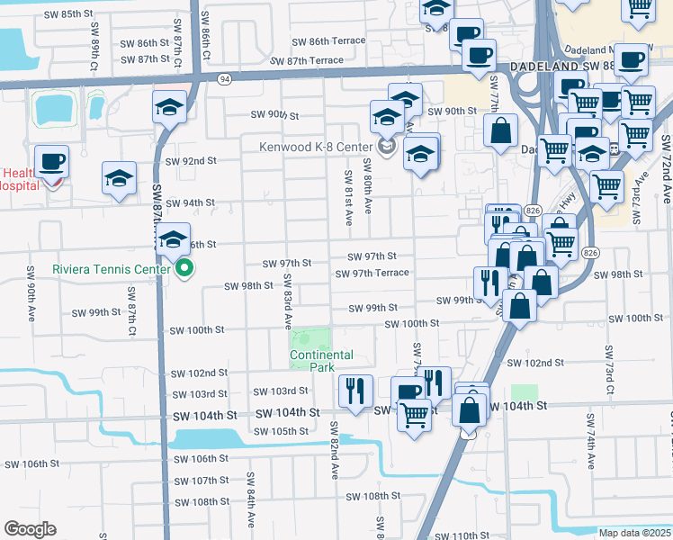 map of restaurants, bars, coffee shops, grocery stores, and more near 8100 Southwest 97th Street in Miami