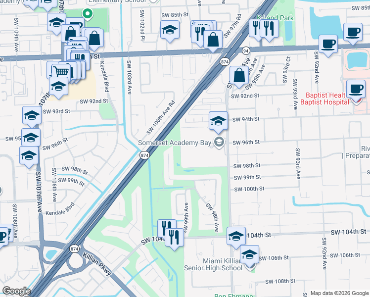 map of restaurants, bars, coffee shops, grocery stores, and more near 9870 Southwest 96th Street in Miami