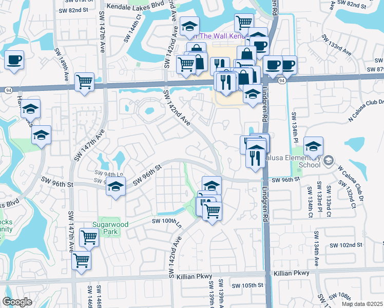 map of restaurants, bars, coffee shops, grocery stores, and more near 14210 Southwest 94th Circle Lane in Miami