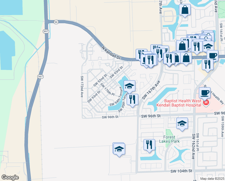 map of restaurants, bars, coffee shops, grocery stores, and more near 17025 Southwest 94th Terrace in Miami