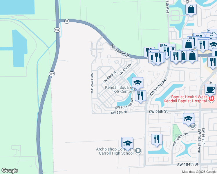 map of restaurants, bars, coffee shops, grocery stores, and more near 17055 Southwest 93rd Street in Miami