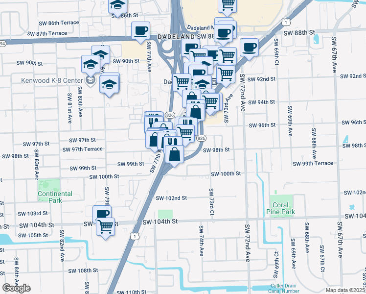 map of restaurants, bars, coffee shops, grocery stores, and more near 9625 South Dixie Highway in Miami