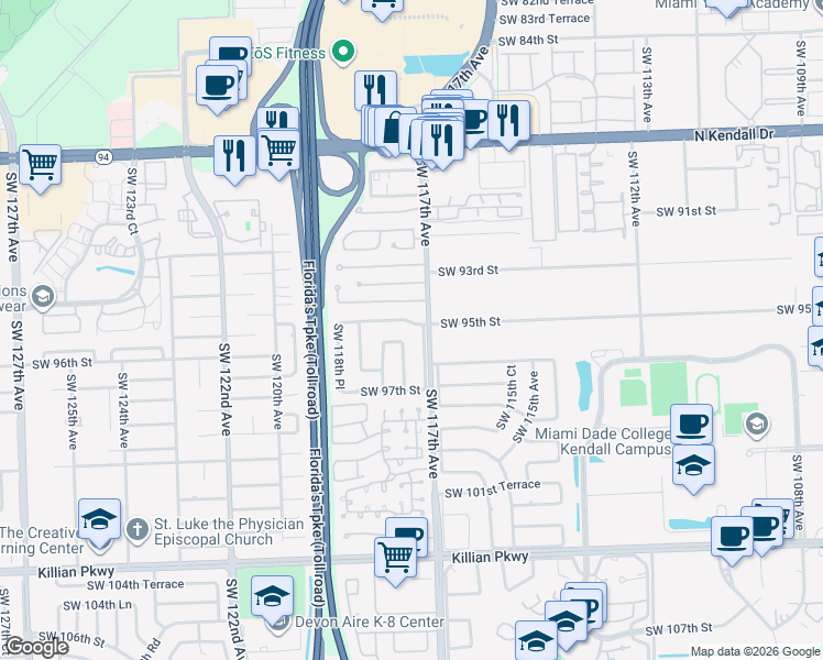 map of restaurants, bars, coffee shops, grocery stores, and more near 11712 Southwest 95th Street in Miami