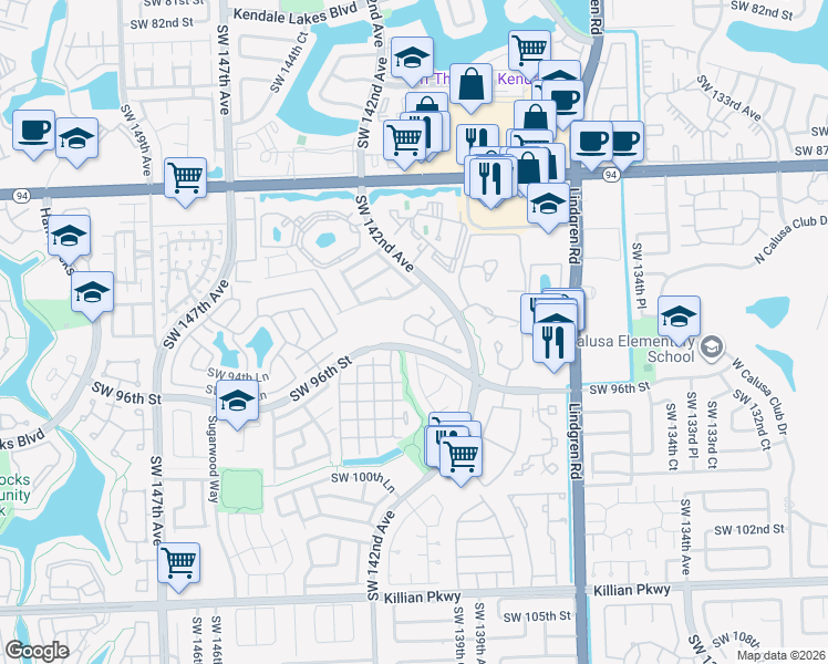 map of restaurants, bars, coffee shops, grocery stores, and more near 14210 Southwest 94th Circle Lane in Miami